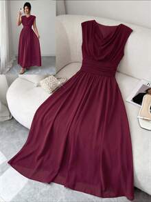 Modelyn Burgundy Chiffon Sleeveless Draped Neck Cinched Waist Long Flared Dress, Spring/Summer Dining Elegant Dining - Burgundy - View 6