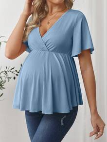 SHEIN Maternity Solid Color Criss-Cross V-Neck Short Sleeve Casual T-Shirt - Blue - View 3
