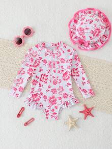 Traje de baño de manga larga con cuello con volantes y mangas raglán para niñas bebé - Rosa Fucsia - Ver 1