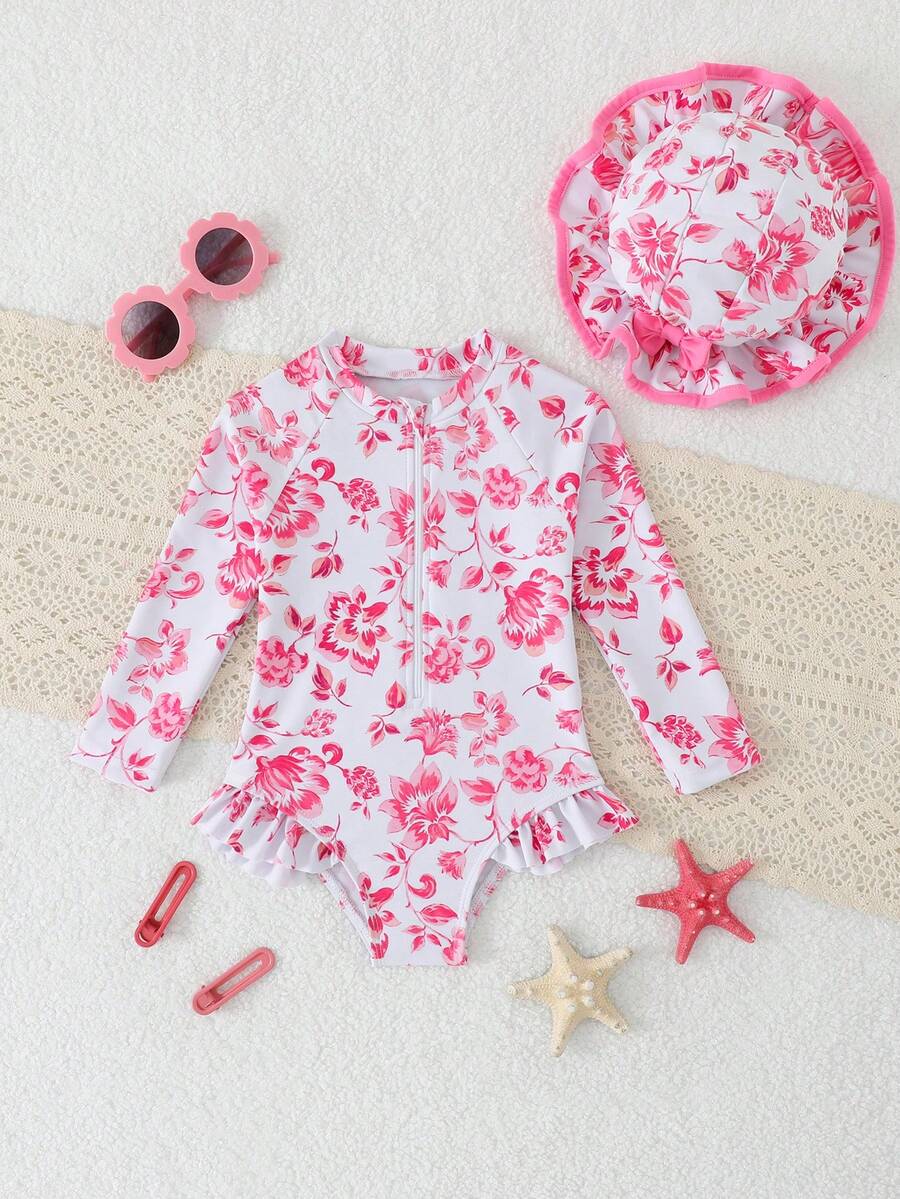Traje de baño de manga larga con cuello con volantes y mangas raglán para niñas bebé - Rosa Fucsia - Ver 1