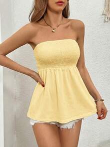 SHEIN Essnce 女士纯色休闲无肩带抹胸上衣 - 黃色 - 查看 4