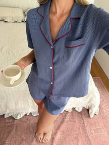 DAZY Women's Contrast Trim Short Sleeve Top And Shorts Pajama Set Summer - Navy Blue - View 4