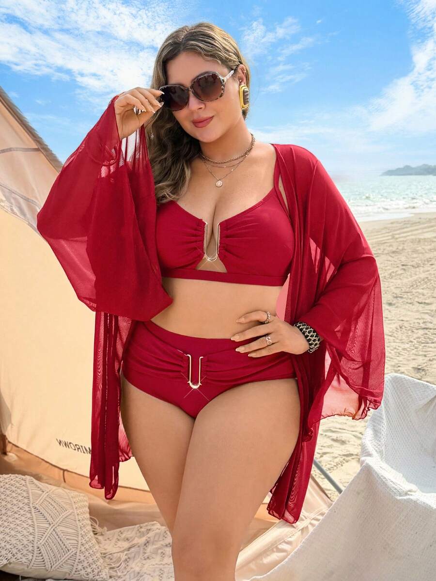 Swim Lushoire 大码女式三件套,纯色粗肩带搭配网纱罩衫,性感沙滩度假比基尼 - 酒紅色 - 查看 1