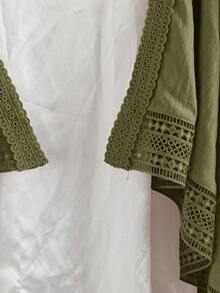 Rusticease Cárdigan de talla grande para mujer con parches de encaje de unicolor minimalista y apertura delantera - Verde militar - Ver 7