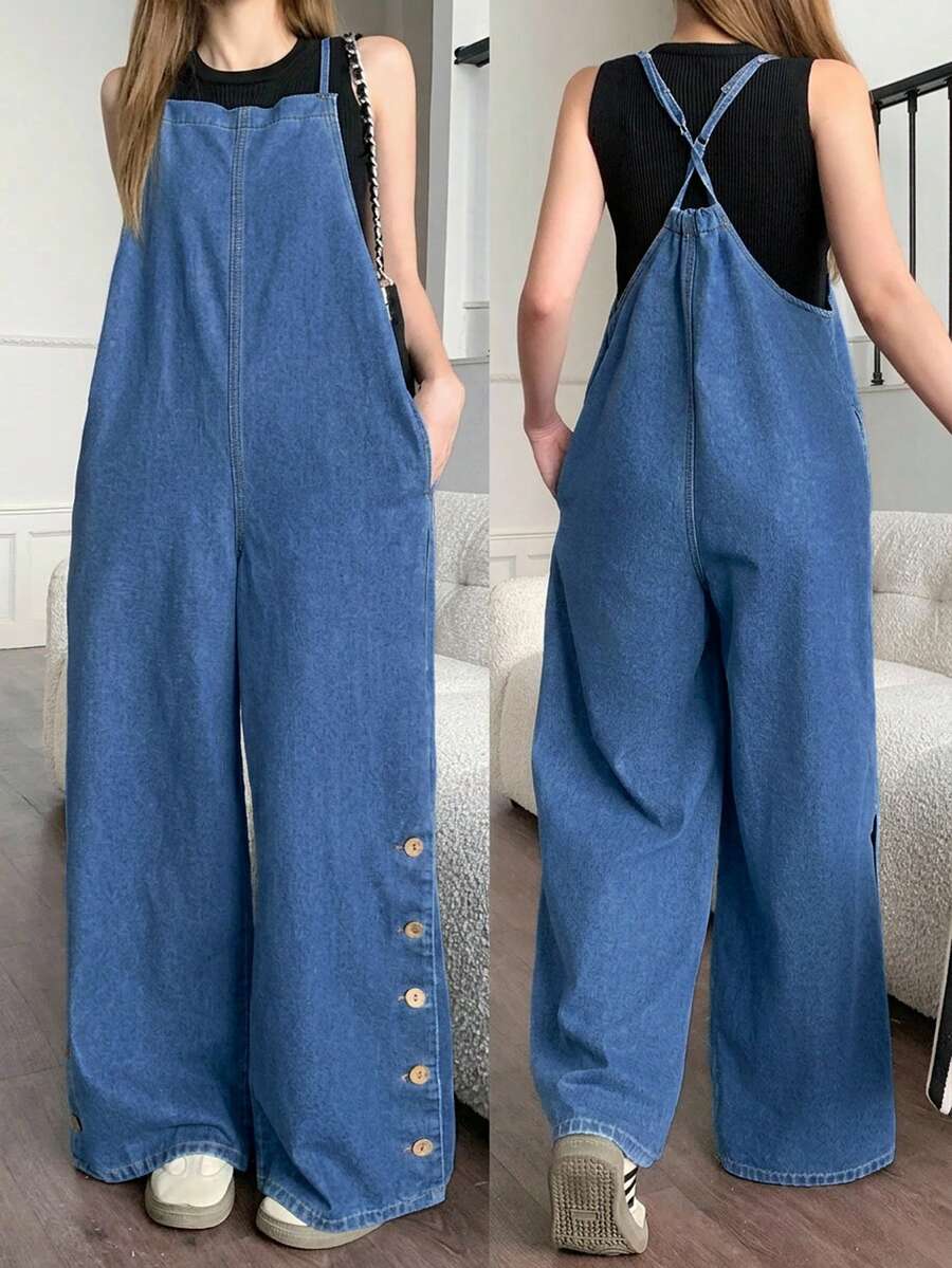 SHEIN 2025新款亚麻休闲度假纯色百搭连体裤,适合青少年女孩,春夏款,修身显瘦,宽松版型,侧边口袋,露背设计,高腰阔腿裤,适合夏季家庭出游、商务休闲场合。 - 中等水洗藍 - 查看 1