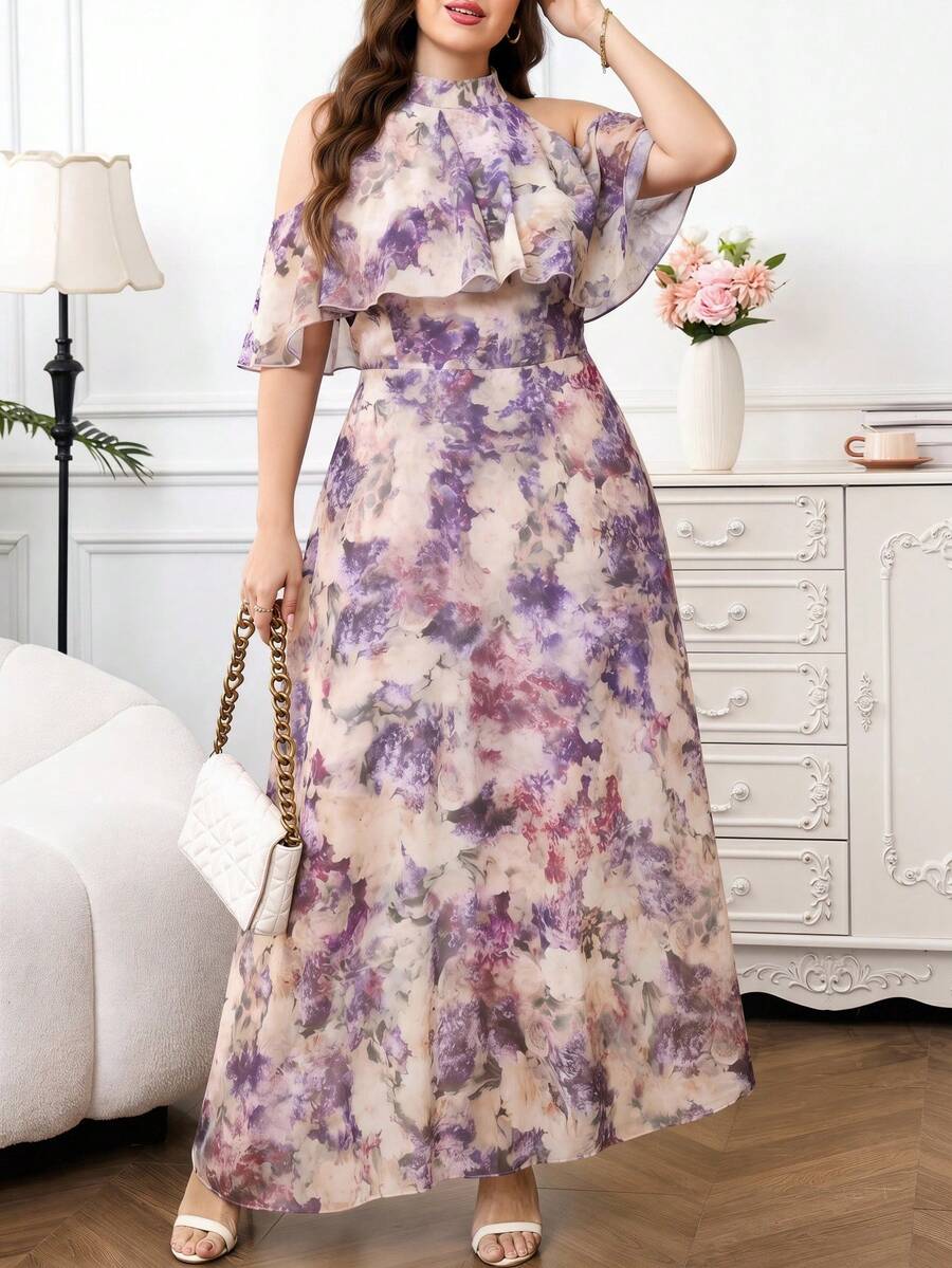 Reflora Plus Size Women's Elegant Off-Shoulder Ruffle Hem A-Line Dress,Beige Summer Long Wedding Guest Dress,Luxury Evening Party Outfit For Carnival