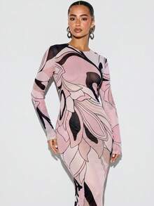 KIZN Printed Mesh Sheer Long Sleeve Maxi Dress Cover-Up With Abstract Floral Pattern And Crew Neckline - Pink - View 5