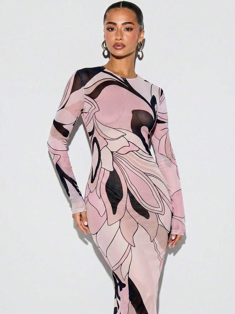 KIZN Abstract Floral Print Mesh Sheer Maxi Cover-Up