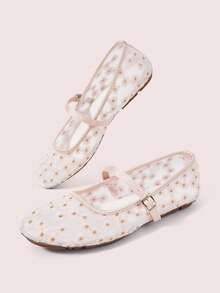 CUCCOO DOLLMOD Women's Shoes, Light Pink, Round Toe Mary Jane Flats, Flower Embroidered Mesh Yarn, Sweet And Cute, Comfortable, Soft And Breathable - Fireworks - Powder - View 3