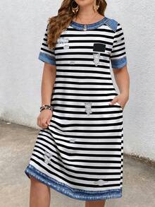 EMERY ROSE Vestido de manga corta con cuello redondo, bloques de color y rayas, talla grande - Multicolor - Ver 3
