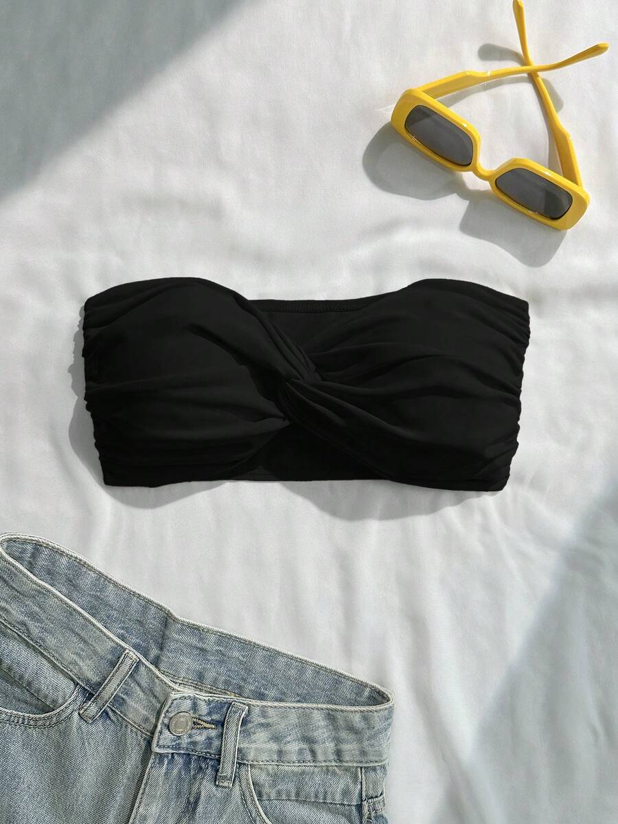 Swim Basics Atasan Baju Renang Model Bandeau Polos untuk Liburan Pantai, Warna Hitam, Musim Panas, Model Sopan - Hitam - View 1