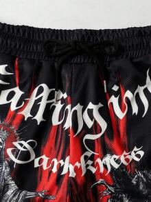 ROMWE MEN Goth Men's Printed Basketball Shorts With 2 In 1 Design, Suitable For Daily Wear In Spring/Summer - Black - View 5