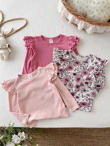 SHEIN 3pcs Baby Girl Knitted Solid & Ditsy Floral Round Neck Ruffle Trim Top Set - Multicolor - View 5