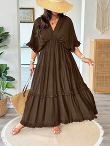 Vionelle Plus Size French Style Solid Color Romantic Boho Ruffle Trim Regular Dress, Spring/Summer Beach Brown - Brown - View 4