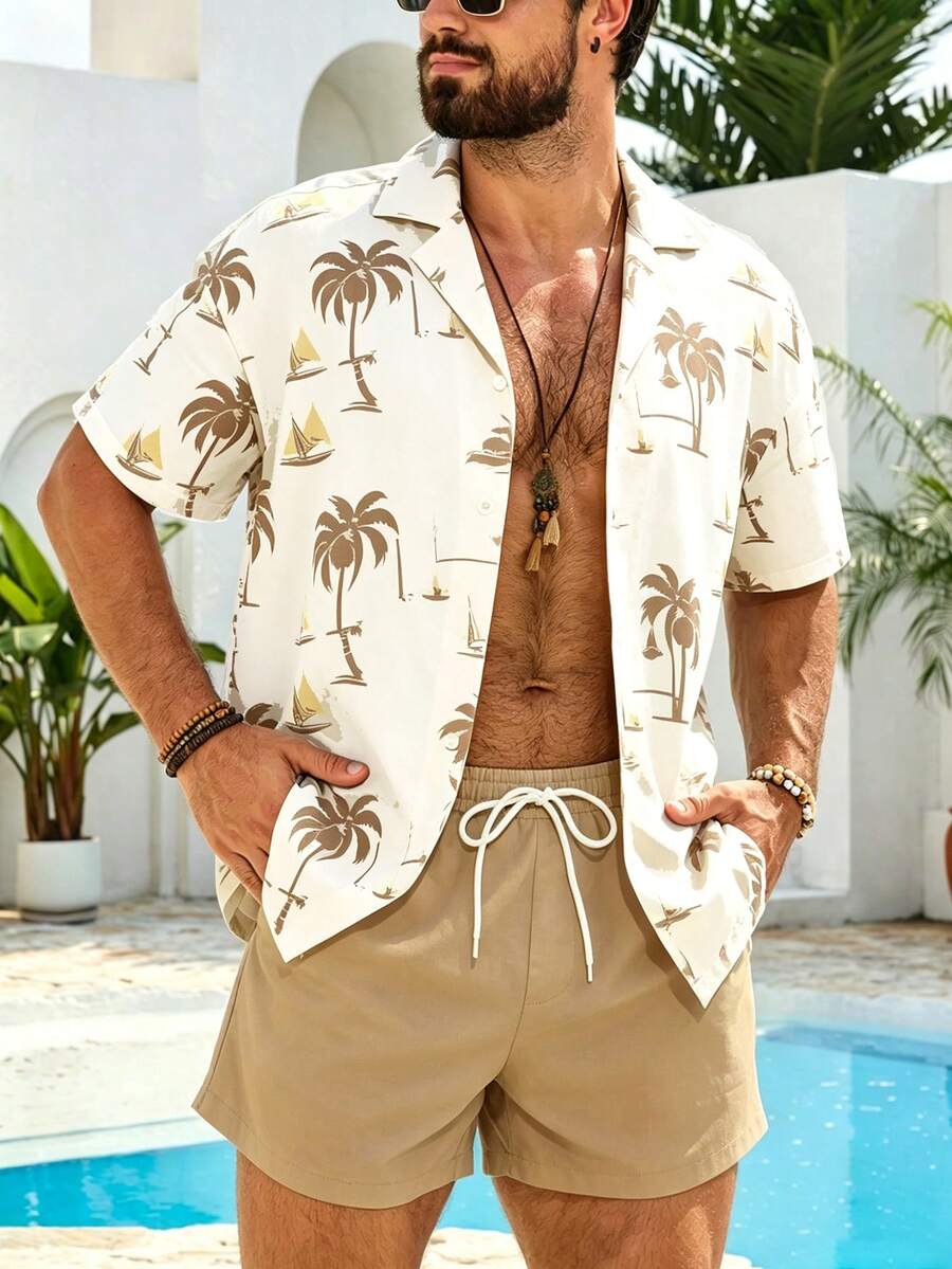 Manfinity KASUA Men's Coconut Tree & Sailboat Print Shirt And Shorts Beach Outfit - Khaki - View 1