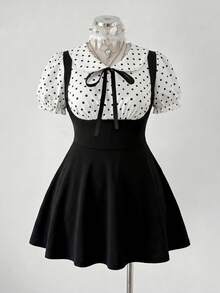 Sweetra CURVE Vestido de mujer talla grande de estilo retro francés en blanco y negro a lunares, vestido elegante de manga abullonada con cuello de muñeca en forma de A, vestido casual de manga corta para primavera/verano, vestido de fiesta, vestido de playa, adecuado para primavera/verano, ir al trabajo, citas, fiestas, vuelta al colegio, oficina, otoño, salidas, uso diario - Multicolor - Ver 1