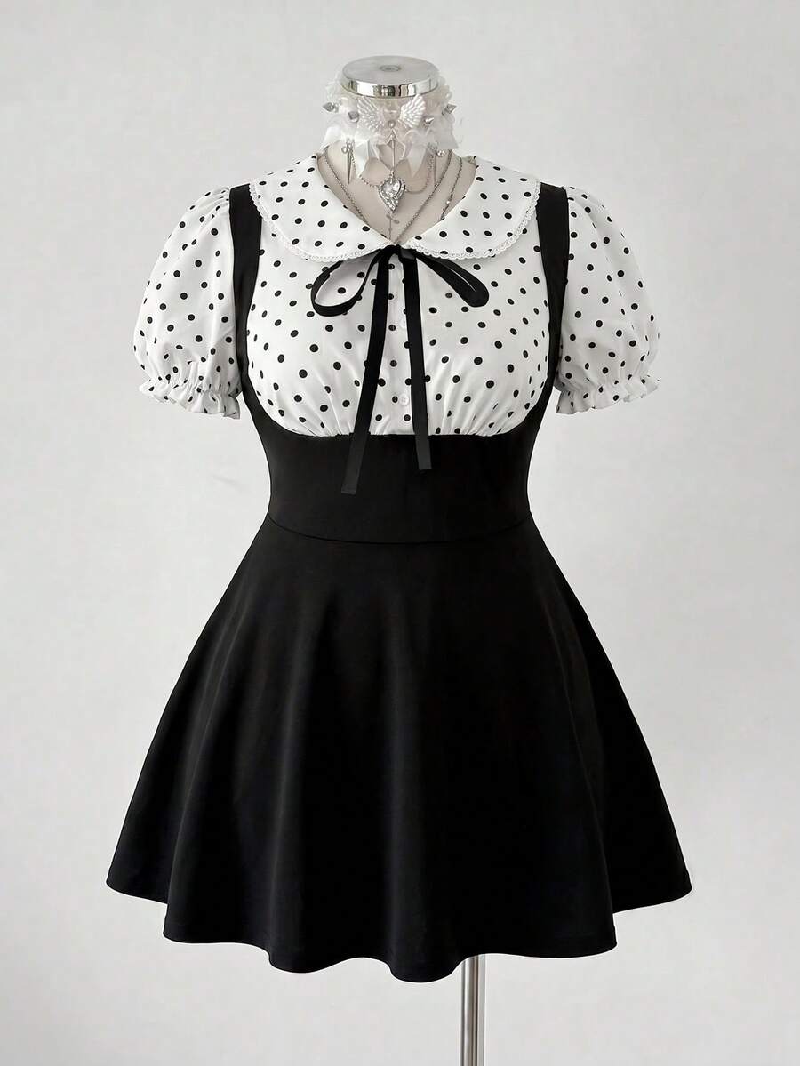Sweetra CURVE Vestido de mujer talla grande de estilo retro francés en blanco y negro a lunares, vestido elegante de manga abullonada con cuello de muñeca en forma de A, vestido casual de manga corta para primavera/verano, vestido de fiesta, vestido de playa, adecuado para primavera/verano, ir al trabajo, citas, fiestas, vuelta al colegio, oficina, otoño, salidas, uso diario - Multicolor - Ver 1