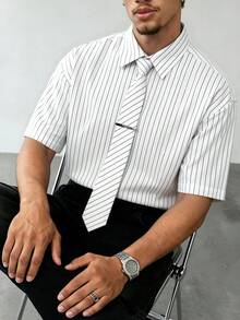 Airaco 男士休闲宽松落肩条纹衬衫，夏季日常百搭单品 - 黑與白 - 查看 4