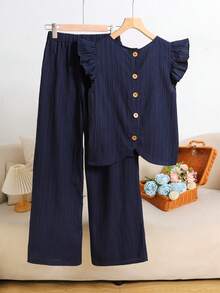 SHEIN 两件套少女休闲百搭基础款通勤装，舒适荷叶边圆领上衣搭配宽松梭织长裤，杏色，适合居家、运动、度假、外出、聚会、购物、上学、返校季等场合。 - 藍色 - 查看 6