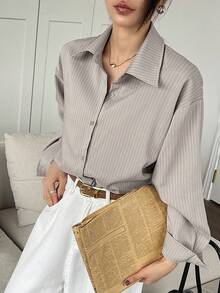 DAZY Women's Loose Striped Casual/School Shirt - Khaki - View 6