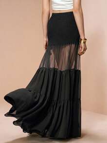 Arave Women's Chiffon Fabric With Safety Shorts, Multi-Layer Patchwork Maxi Skirt, Elegant For Party, Date - Black - View 2
