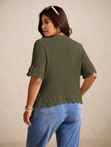 Elaquor Plus Size Women Casual Solid Color Short Sleeve Cardigan - Olive Green - View 2