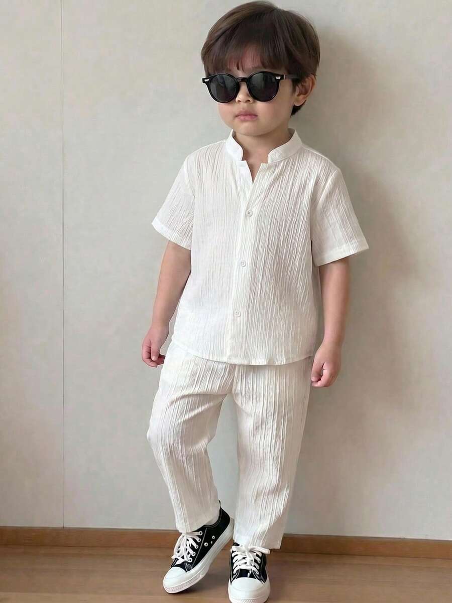SHEIN 2件組小男孩/小女孩春夏休閒時尚白色紋理布料短袖襯衫與長褲套裝,小男孩夏季穿搭 - 白色 - 查看 1