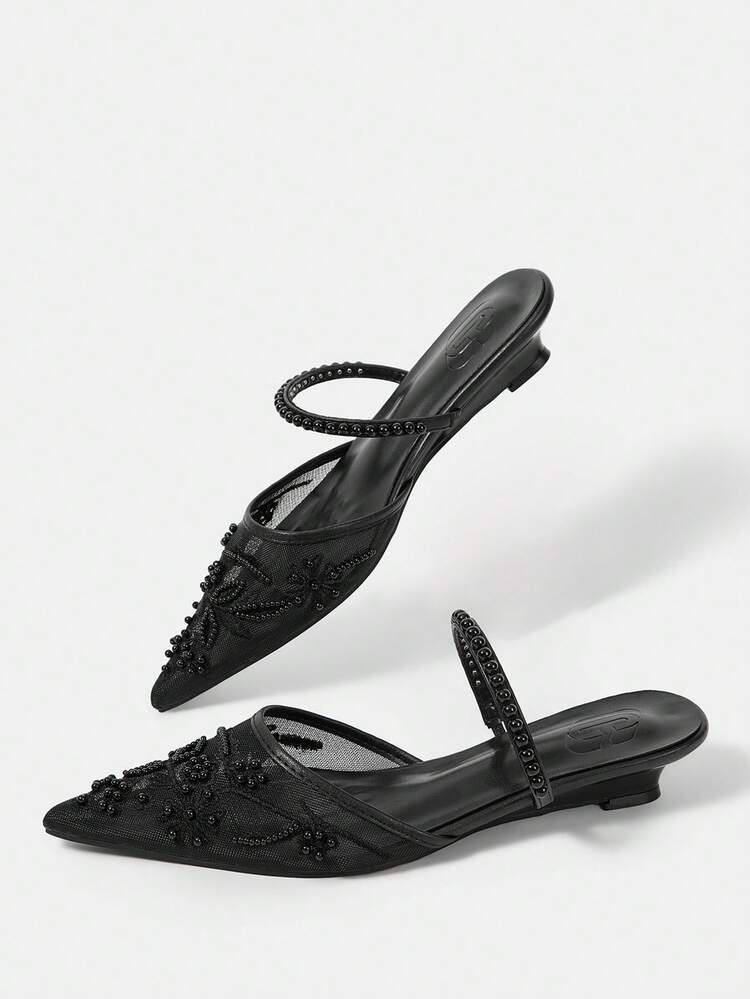 CUCCOO HITCHD Women Shoes Spring And Summer New Elegant Pointed Low Vamp Wedge Heel Shoes Black Mesh Breathable Shoes Banquet Commuter Dating
