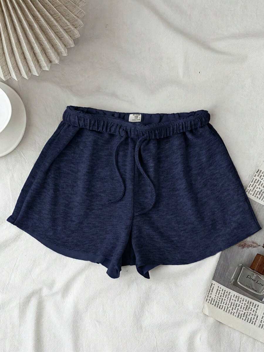 SHEIN Tween Girls' Casual Solid Color Drawstring Waist Shorts, Suitable For Daily Wear & Commuting, Summer - Navy Blue - View 1