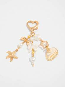 ROMWE Fairycore 1 Piece Fashionable Ocean Style Metal Keychain, Flower Love Bow Tassel Keychain, Inlaid With Imitation Pearls, For Bag Decoration, Holiday Style Jewelry, Holiday Gifts. - Golden yellow - marine elements - View 2