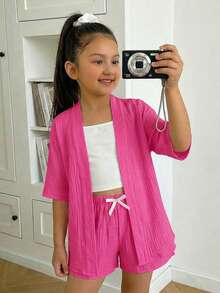 SHEIN Tween Girls' Summer Casual Vacation Textured Linen Shirt Set - Hot Pink - View 4