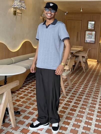 Ngobest Haus Ngobest Haus 男士撞色滚边休闲Polo衫，纹理Polo衫，男士夏季Polo衫，针织Polo衫，蓝色短袖Polo衫，男士休闲Polo衫，适合日常休闲、周末旅行、户外活动、探险旅行、轻松的工作环境或半正式场合，男友/丈夫礼物，周年纪念礼物，圣诞节蓝色Polo衫，蓝色上衣，针织图案Polo衫，男士针织Polo衫，浅蓝色男士圣诞节Polo衫