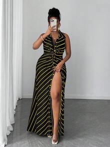 Maweii 大码女式休闲条纹针织扭结设计连衣裙 - 彩色 - 查看 5