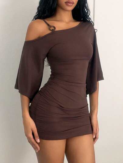 Jeanoix 2026 Spring/Summer New Sexy Asymmetric Neck Strap Decor Asymmetric Flare Sleeve Ruched Bodycon Mini Dress For Women