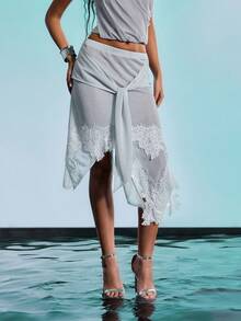 Femmeiva Solid Color Elastic Waist Asymmetrical Hem Sexy Lace Skirt For Women Party Gray Summer - Silver - View 5