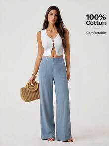 SHEIN Tall 100% Washed Cotton Low Waist Straight Pants, Tall Women - Dusty Blue - View 5