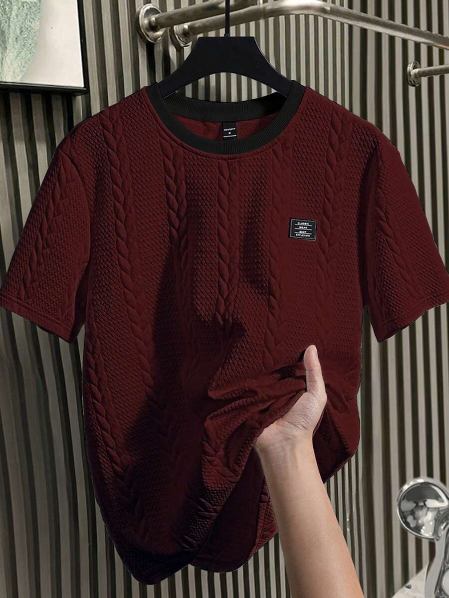 Manfinity Homme Men's Contrast Color Round Neck Short Sleeve Knit Casual T-Shirt, Holiday - Burgundy - View 1