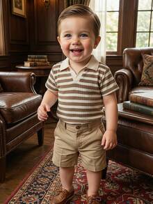 SHEIN LMoss Kids 可爱休闲条纹纹理 Polo 衫，男女宝宝皆宜，适合夏季居家、外出和旅行穿着。 - 彩色 - 查看 6