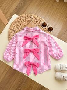 SHEIN Áo sơ mi dài tay kẻ sọc màu hồng dễ thương, đa năng cho bé gái, kiểu dáng thường ngày. - Hồng - Xem 1