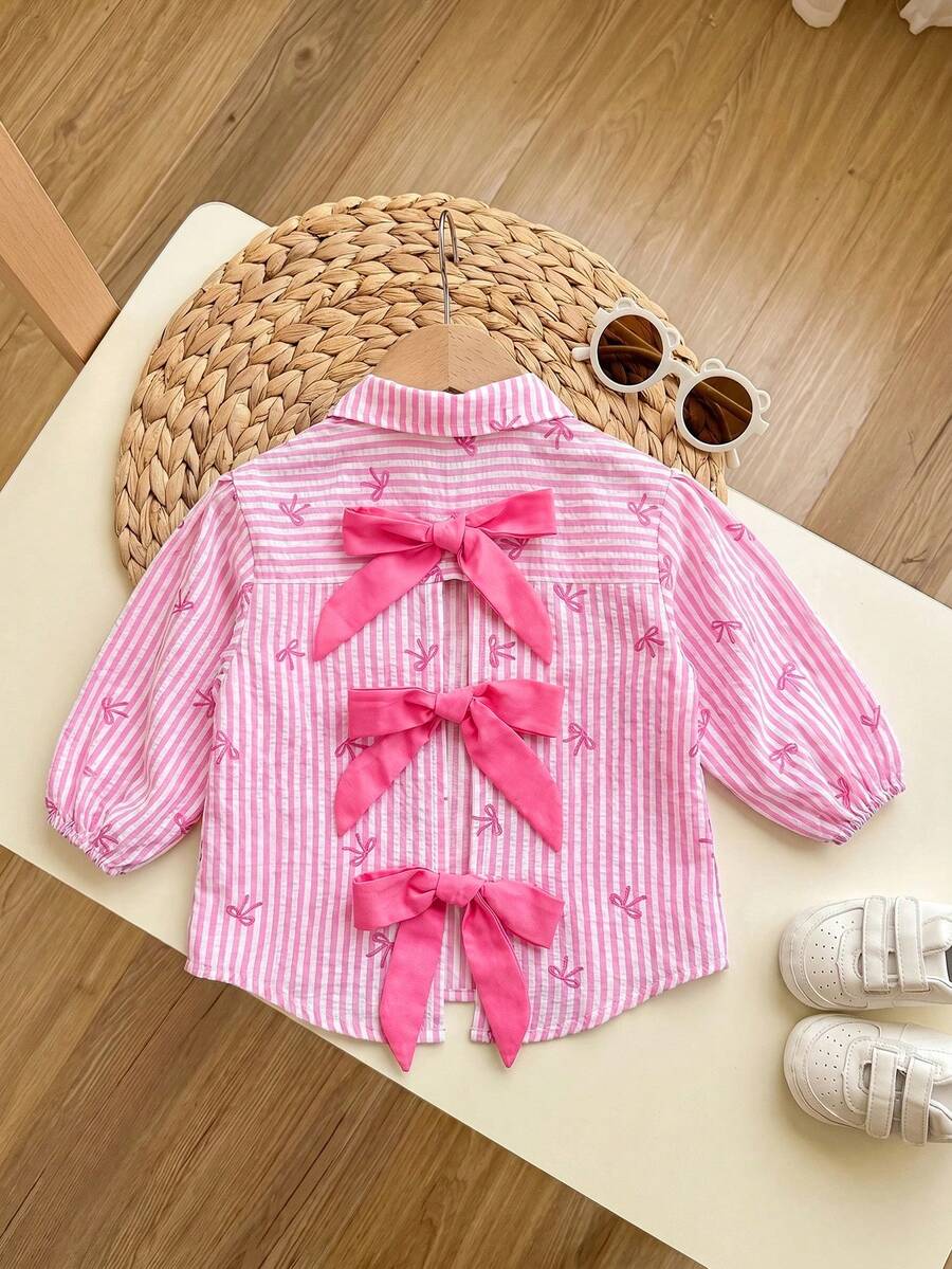 SHEIN Áo sơ mi dài tay kẻ sọc màu hồng dễ thương, đa năng cho bé gái, kiểu dáng thường ngày. - Hồng - Xem 1