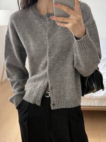 DAZY 1pc Women Solid Color Minimalist Knit Cardigan,Fall Clothes - Grey - View 2