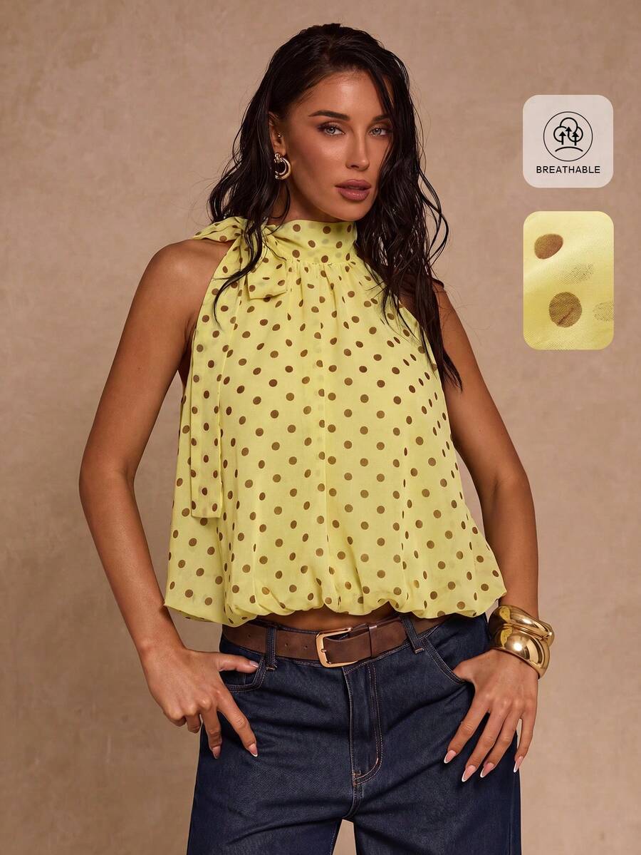 SHEIN Glamour Áo sơ mi nữ không tay, kiểu dáng casual, họa tiết chấm bi, thắt eo, thích hợp cho mùa hè. - Màu vàng - Xem 1