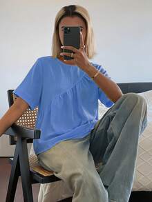 DAZY 女款純色寬鬆短袖圓領百褶休閒度假夏季上衣襯衫 旅行淺藍色校園風 - 藍色 - 查看 5