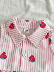 SHEIN Vintaside Kids 女婴无袖甜美可爱草莓条纹印花Polo领连衣裙，适合户外玩耍、度假、聚会及其他日常穿着场合。 - 粉色 - 查看 6