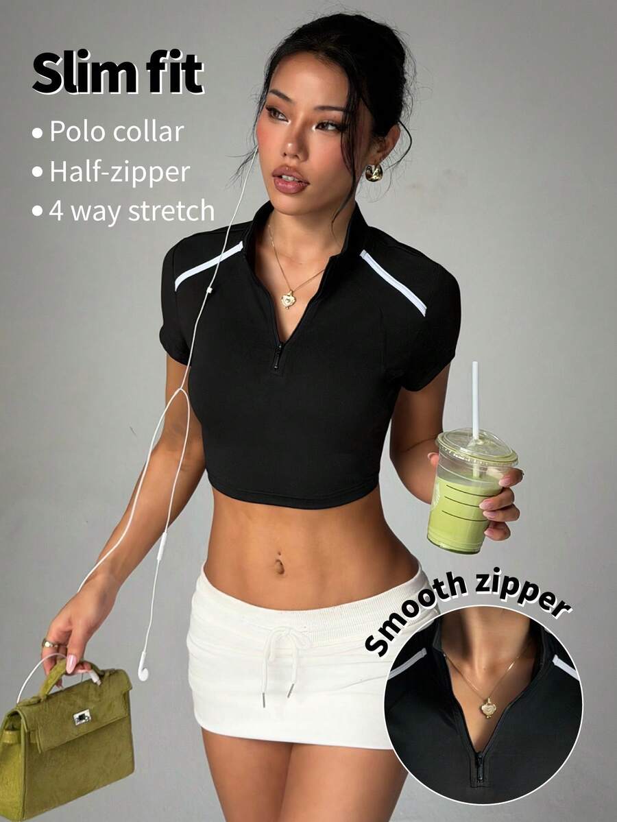 Easithlete Easithlete 女士条纹拉链半开襟短款卫衣 - 黑色 - 查看 1