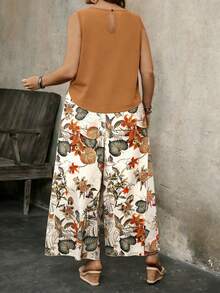 EMERY ROSE Plus Size Women's Solid Color Sleeveless Top And Bohemian Print Wide Leg Pants 2-Piece Set, Casual Vacation, Minimalist Daily Summer Outfit - Khaki - View 2