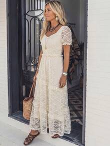 LanaWest Women's Casual Apricot Lace Sweetheart Collar Short Sleeve Waist Splicing Ruffle Hem Dress, Spring/Summer - Apricot - View 3