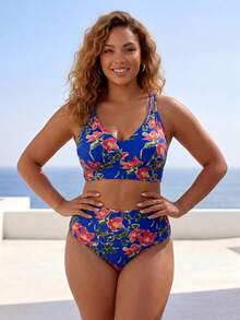 ELLERISSA Plus Size Blue Floral Print High Waist Cross Strap Back Bikini Set - Blue - View 6