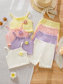 SHEIN 4Sets Young Girl Kids Solid Color Knitted 3D Floral Camisole And Shorts Set - Multicolor - View 2