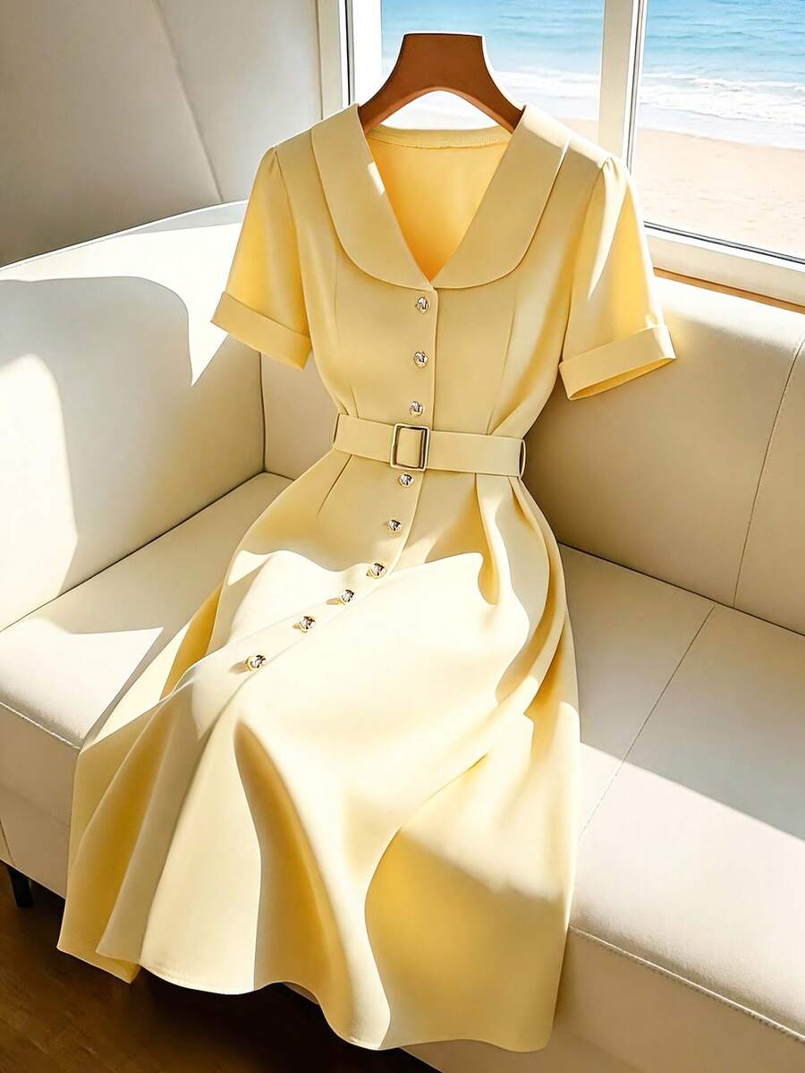 SHEIN Franclia Vestido camisero casual largo de mujer de manga corta con cuello vuelto, cintura con lazo y abotonadura sencilla, en color amarillo, de estilo elegante francés para uso diario - Amarillo claro - Ver 1